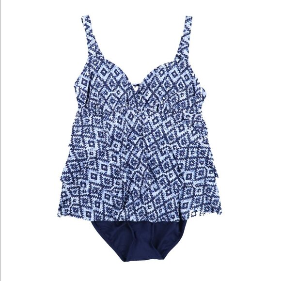 Swim Solutions Other - Swim Solutions TILE ISLAND NAVY Triple-Tier Fauxkini One-Piece Swimsuit